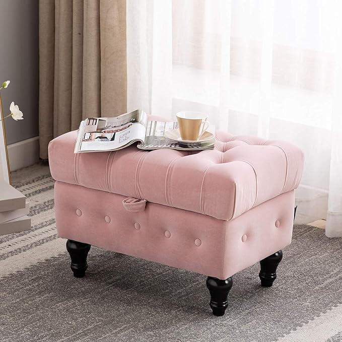 Artechworks Storage Coffee Table Ottoman, Button Tufted Velvet Upholstery Footstool Bed Ottoman for Living Room, Home Office, Space-Saving Storage Toy Box Stool, Pink
