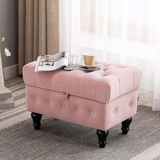 Artechworks Storage Coffee Table Ottoman, Button Tufted Velvet Upholstery Footstool Bed Ottoman for Living Room, Home Office, Space-Saving Storage Toy Box Stool, Pink