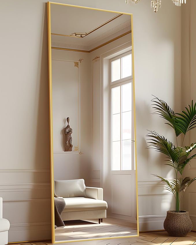Antok Full Length Mirror, 58"x18" Floor Mirror with Stand, Hanging Mounted Mirrors for Bedroom, Living Room, Cloakroom, Dining Room, Gold, Rect