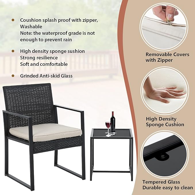 FDW | 3-Piece Patio Furniture Set | Khaki |Outdoor Wicker Furniture with Coffee Table | Modern Rattan Chairs Conversation Set | Outdoor Seating | Weather-Resistant | for Porch, Garden, Lawn