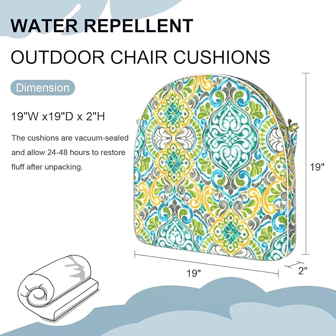 Set of 2 Outdoor Chair Cushions 19"x19"x2",Water Repellent Dining Seat Cushion with Ties and Removable Covers, Chair Cushions for Indoor and Patio Furniture, Damask Green