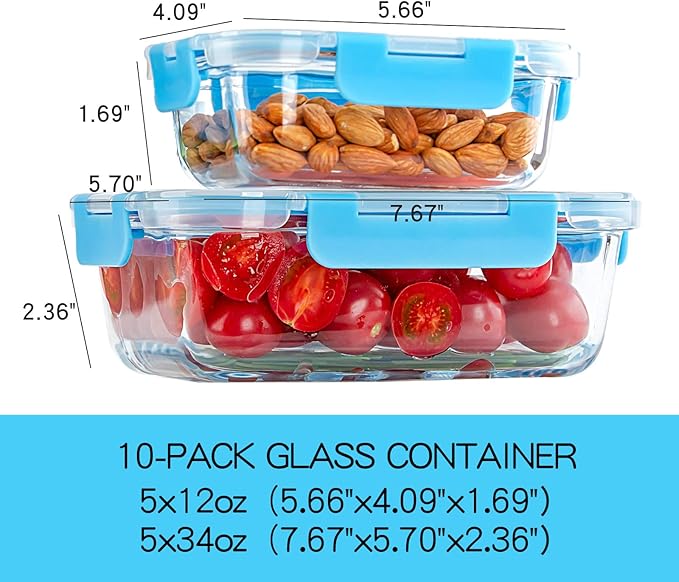 UMEIED 10 Pack Glass Food Storage Containers with Lids Leakproof, Airtight Glass Meal Prep Containers For Lunch, On The Go, Leftover, Dishwasher Safe