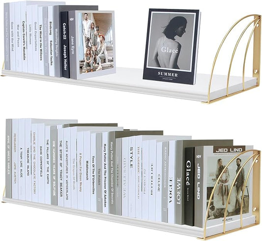 White Wall Bookshelf Pine Wood Large 31.5×7.87 Inch White and Gold Floating Shelves with Elegant Lines,Floating Book Shelves for Wall,White Gold Shelves,Floating Bookshelves Set of 2.