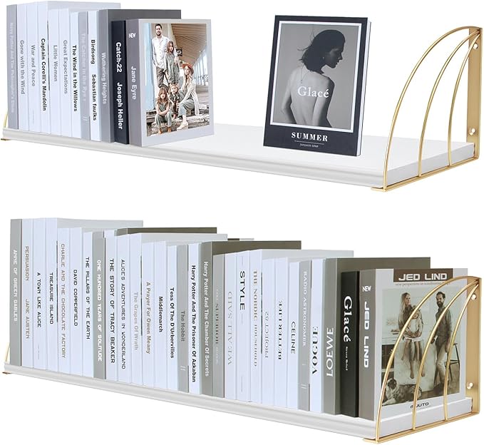 Gold White Shelves Pine Wood 23.5×7.87 Inch Book Shelf for Wall with Elegant Lines,Gold Floating Shelves,Floating Shelves for Wall,White Floating Bookshelf Set of 2.