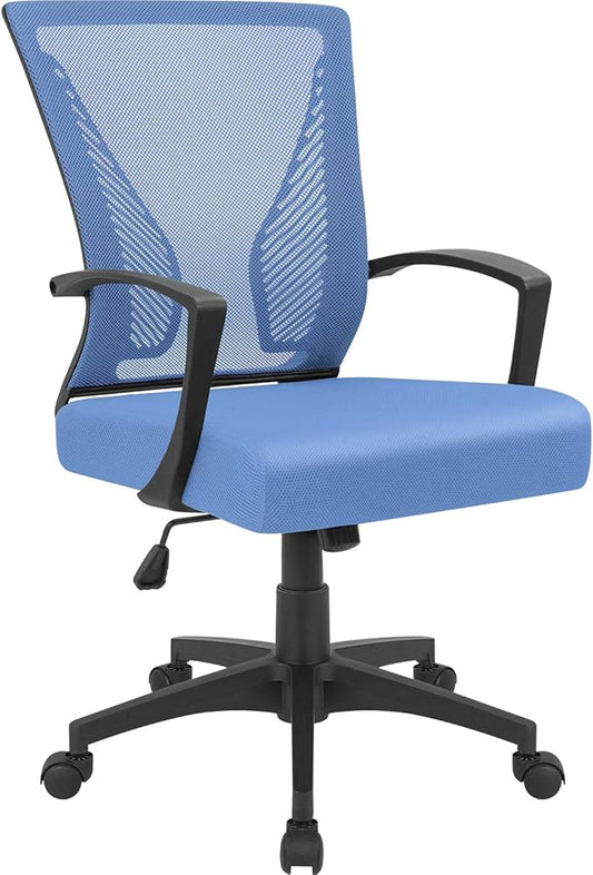 Furmax Office Chair Ergonomic Computer Desk Mesh Chair Mid Back Swivel Lumbar Support with Armrest (1, Blue)