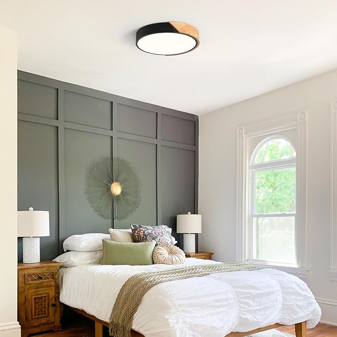 Modern Dimmable Black Flush Mount Ceiling Light Wood Close to Ceiling Lights for Bedroom Round Ceiling Lamp Lighting Fixture for Hallway Kitchen Laundry Room(11.8in)