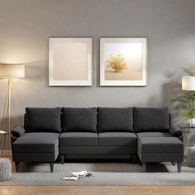 FONTOI 115 Inch U Shaped Sectional Couch with Chaise, 5-Seat Sofa with Moveable Ottoman, Modern Modular Sofa for Living Room, Apartment, Black