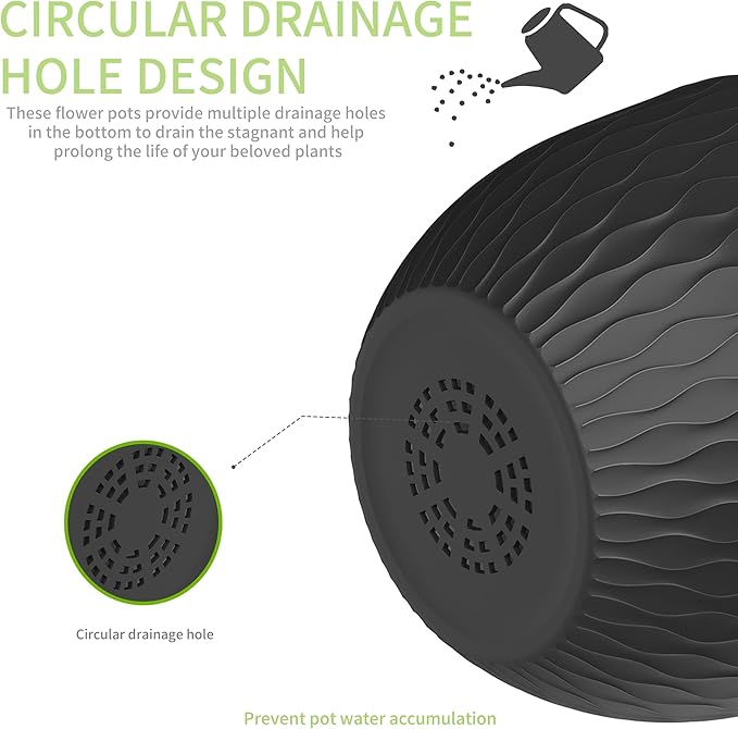 12/10/9 Inch Plant Pots, 3 Pack Large Flower Pots for Indoor and Outdoor Plants with Water Ripples, Large Plastic Flower Pots with Drainage Holes and Tray for Garden Indoor Plants