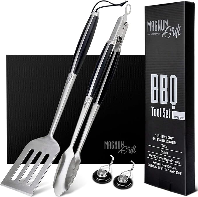 Grilling Accessories by Magnum Grill - 5 Piece BBQ Tools Set with 18" Grill Spatula, Tongs for Cooking, BBQ Grill Mat and 2X Strong Magnetic Hooks for Hanging on Barbeque - Heavy Duty Metal Grill Set
