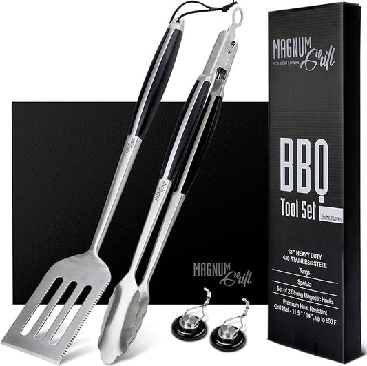 Grilling Accessories by Magnum Grill - 5 Piece BBQ Tools Set with 18" Grill Spatula, Tongs for Cooking, BBQ Grill Mat and 2X Strong Magnetic Hooks for Hanging on Barbeque - Heavy Duty Metal Grill Set