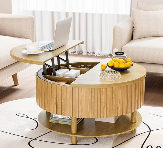 Round Lift Top Coffee Table with Storage, 31.5'' Modern 2-Tier Coffee Table with Hidden Storage Compartment and Open Shelf, Fluted Center Table for Living Room Office (Wood Color)