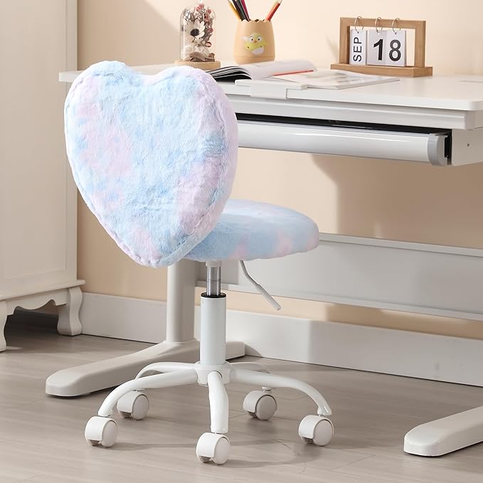 Cute Fuzzy Kids Chair for Children Rolling Study Desk Student Chair for Child Furry Computer Task Chair, Adjustable Heart Shaped Reading Desk Chairs for Bedroom Study,Babay Blue