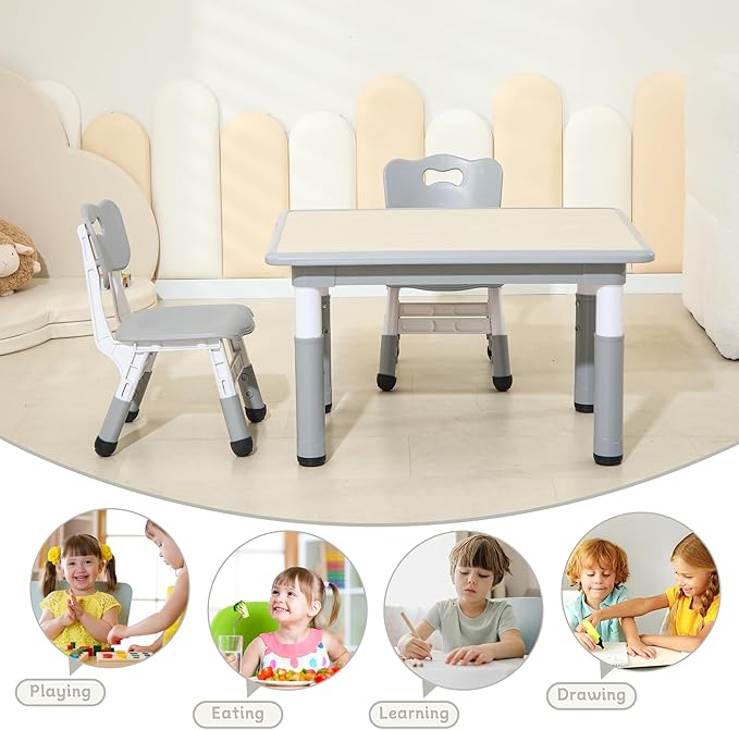 Kids Table and Chairs, Height-Adjustable Toddler Table and Chair Set with 31.5''Lx23.6''W Graffiti Desktop, Table Chair for Ages 3-8, Childrens Table and Chair Set for Daycare with 2 Chairs, Grey