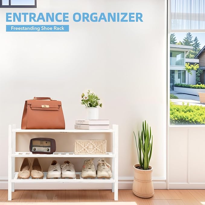 3 Tier Bamboo Shoe Rack Storage Organizer for Closet, Multifunctional Stackable Free Standing Shoe Shelf Organizer for Small Space,Entryway, Hallway, Bathroom27 x11 x20 (White, 3 Tier)