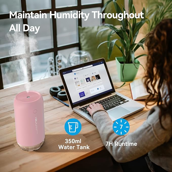 Portable Mini Humidifier, Small Cool Mist Humidifiers 350ml Quiet USB Personal Desktop Air Humidifier for Bedroom Home Plants Car Baby indoor Office with 2 Mist Modes Auto Shut-off（Pink)