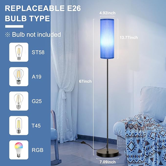 FRIDEKO HOME Floor Lamp with Blue Shade, Simple Design with Foot Pedal Switch, Small Tall Lamps for Living Room Bedroom Office, Corner Floor Stand Light with Black Pole Lamp (No Bulb/No Remote)