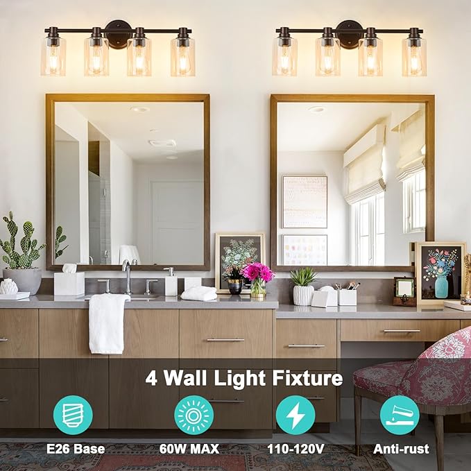 Bathroom Light Fixtures Wall Sconce Light with Clear Glass Oil Rubbed Bronze 4 Lights Bathroom Lighting Over Mirror Vanity Lights for Living Room,Bedroom,Restroom,Hallway E26 Base