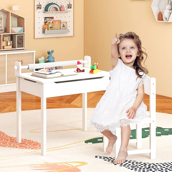 Costzon Kids Table and Chair Set, Flip Top Kids Art Craft Table w/Chair for Playroom Kindergarten, Toddler Drawing Writing Desk Set w/Paper Roll & 2 Markers, Gift for Boys Girls Ages 3+ (White)