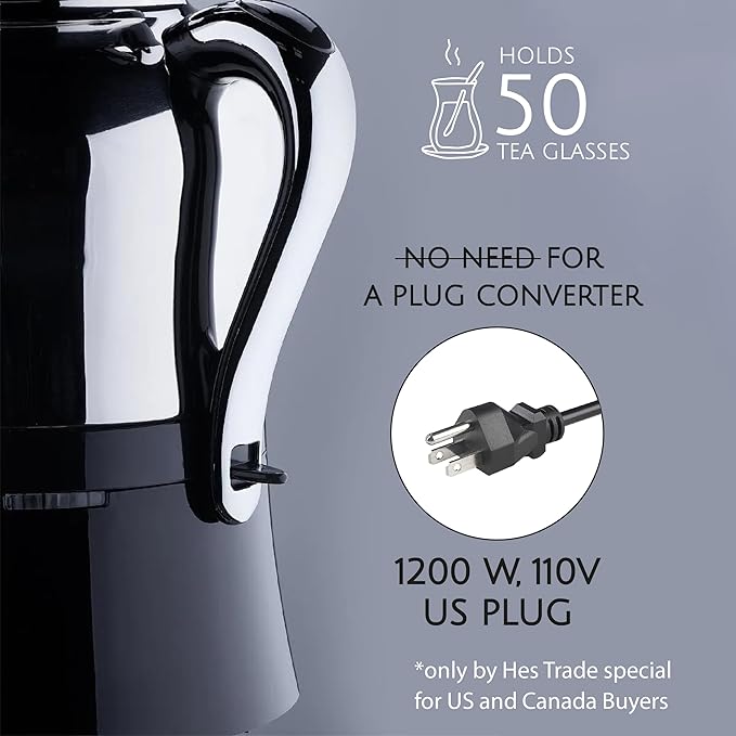 Korkmaz Caykolik A842-01 Stainless Steel Samovar, Upper Pot 1.3 L (43.9 Oz), Bottom Pot 3 L (101.4 Oz) Electric Turkish Tea Maker Set, Double Pots, Inox, Chrome, Black 110 V US Plug, 4.5- Quart