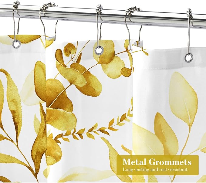 MitoVilla Yellow Floral Shower Curtain, Modern Plants Botanical Fabric Cloth Shower Curtains for Rustic Vintage Bathroom Decor, Fall Watercolor Eucalyptus Leaf, 72x72