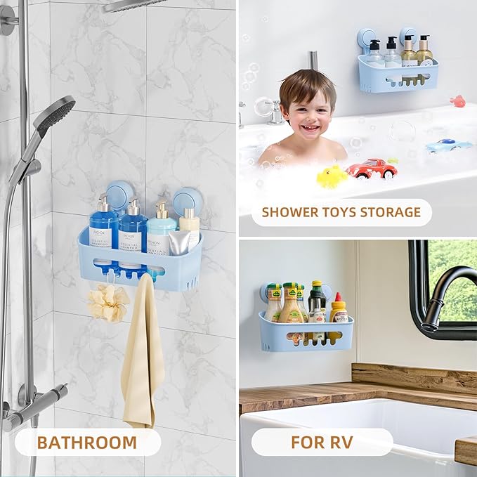LEVERLOC Shower Caddy Suction Cup, Shower Organizer Removable Bathroom Shelf, Storage Suction Powerful Max Hold 22lbs Bathroom Caddy Waterproof Holder, Blue