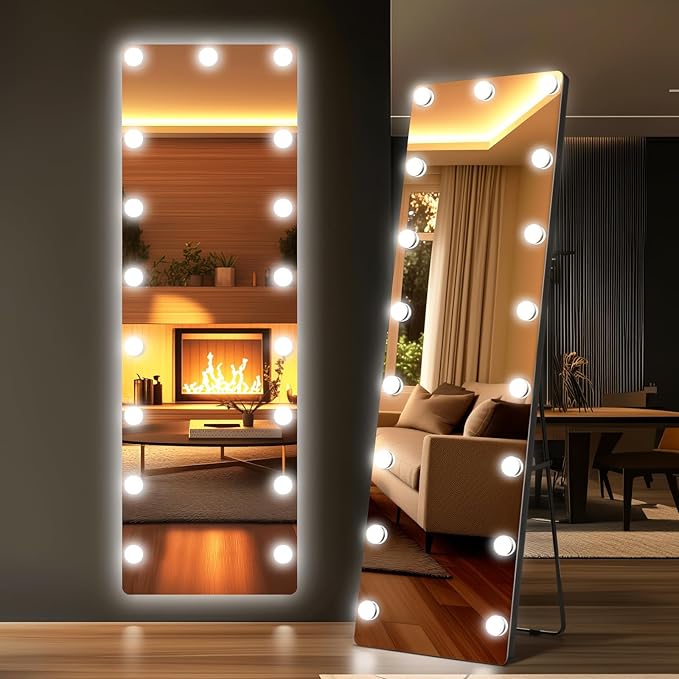 56x18 Hollywood Full Length Mirror with Light, 17 Dimmable Bulbs & 3 Color Smart Touch Control, Distortion Free, Tempered Glass & Shatter Proof Film, Safe Full Body Mirrors with Stand