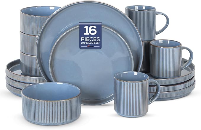 Romswi Dinnerware Set for 4, 16Pcs Stoneware Plates and Bowls Sets with Mugs, Chip & Scratch Resistant Dish Set, Handmade Reactive Glaze Plate Set, Oven, Microwave and Dishwasher Safe, Gray Blue
