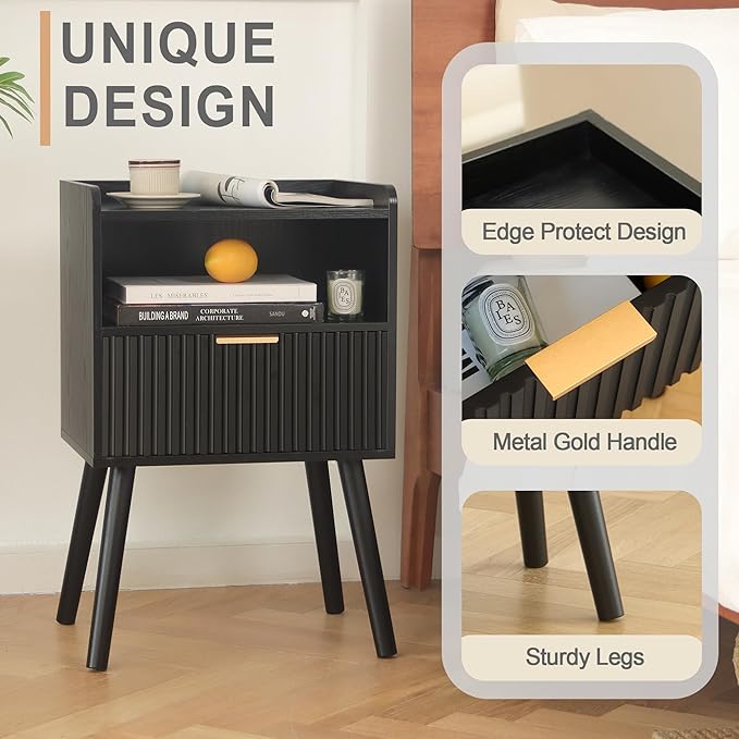 AWASEN Black Fluted Nightstand, Modern Bedside Table with Storage Drawers, Small Night Stand Bed Side Table with Solid Wood for Living Room, Bedroom, Office and Small Space (Black)