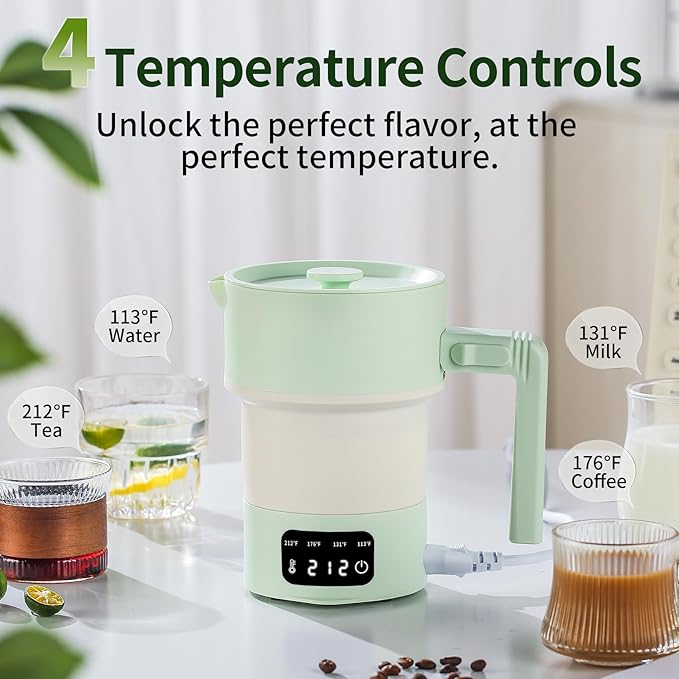 Travel Electric Kettle-Collapsible Portable Electric Kettle, 600W Foldable Small Water Boiler with 4-Temp Presets, Food Grade Silicone for Hotel, Office, Camping (Green, 600mL)