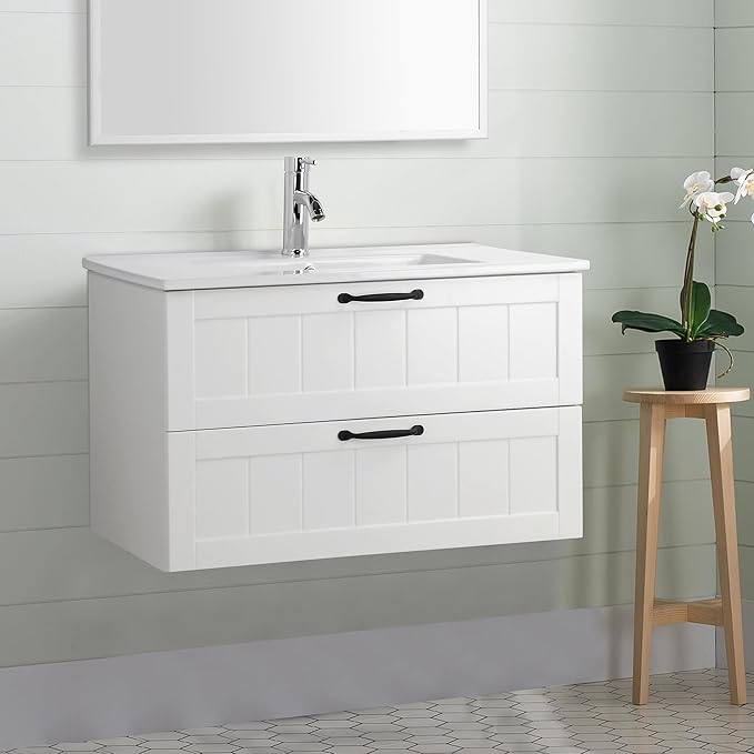 Goujxcy 31.5" Wall Mounted Bathroom Vanity with Sink, Modern Floating Bathroom Cabinet with Ceramic Sink & Double Drawers, Wood Hanging Bath Room Cabinet with Soft-Close System (White)