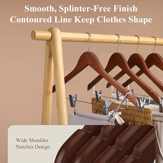 Wooden Pants Hangers 12 Pack With Clips - Adjustable Heavy Duty for Skirts, Jeans, Slacks, Shorts (Walnut)