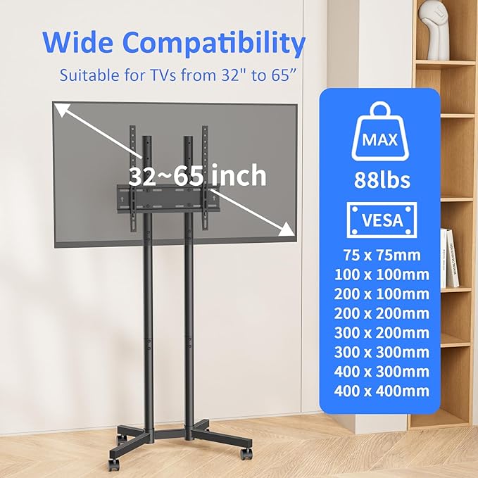 Rolling TV Stand for 32 to 65 inch TVs up to 88 lbs, Mobile TV Cart with Lockable Wheels, Height Adjustable, Max VESA 400x400mm, Portable Mobile TV Stand for Bedroom, Office, Outdoor, Black