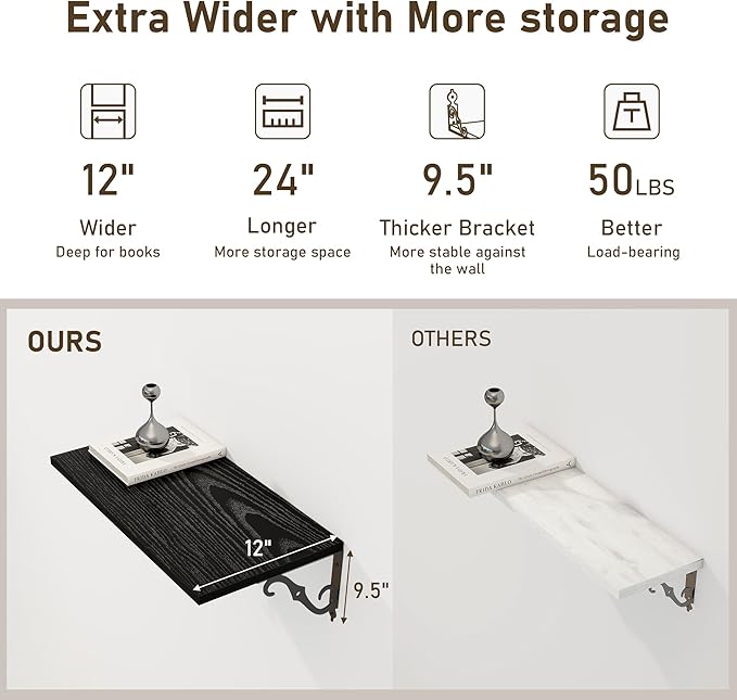 Deep Floating Shelves, 24" W x 12" D Wall Shelves Set of 2, Wide Display Shelf Wall Mounted with Brackets, Bookshelf for Living Room, Bathroom, Bedroom, Black