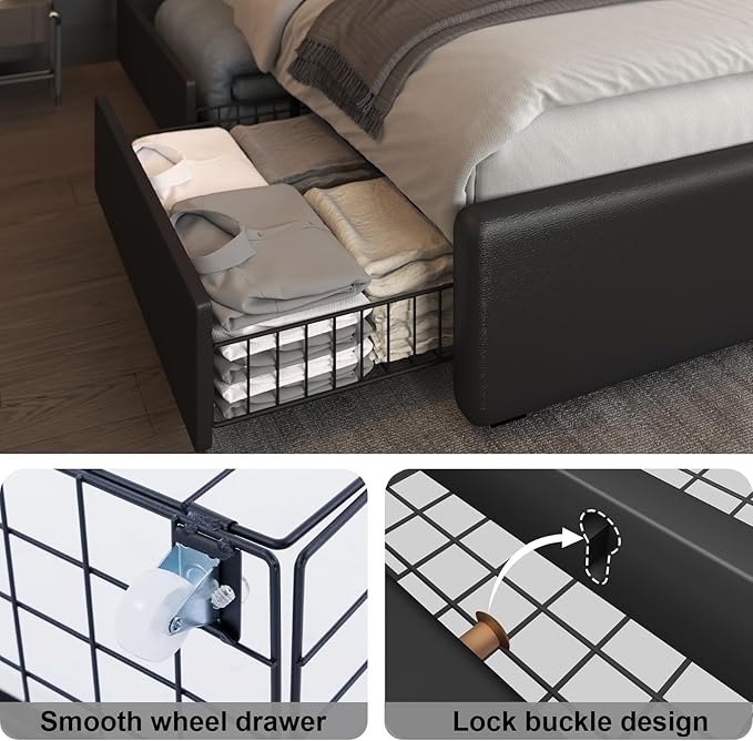 Full Bed Frame with 4 Storage Drawers and Adjustable Headboard, Upholstered Platform Bed with LED Lights and USB Ports, Solid Wooden Slats Support, Faux Leather, Easy Assembly, Black