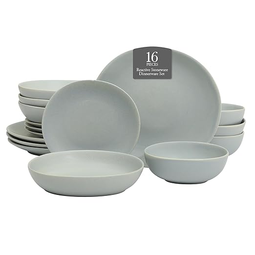 Gibson Elite Zion Mist 16 Piece Stoneware Reactive Glaze (Service for 4) Ceramic Plates and Bowls Modern Organic Dinnerware Set - Blue