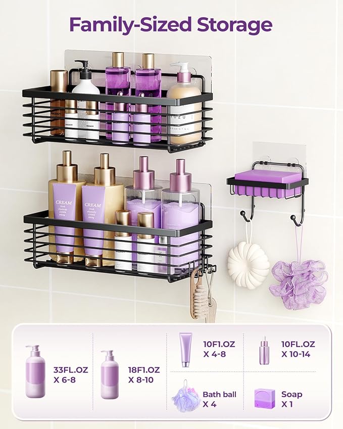 ODesign Shower Caddy 3 Pack SUS304 Stainless Steel-No Drilling-Shower Bathroom Shelves Rack,Rustproof Wall Mounted,Adhesive Shower Shelf Basket Organizer-Black