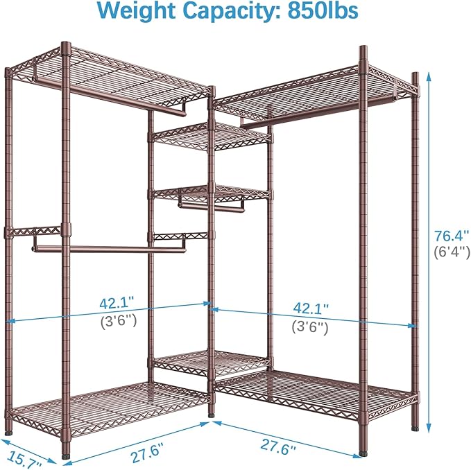 VIPEK L6 L Shaped Clothes Rack for Corner, Heavy Duty Clothing Rack 5-Tier Wire Garment Rack Freestanding Closet with 7 Adjustable Shelves & 4 Hanging Rods, Max Load 850LBS, Bronze