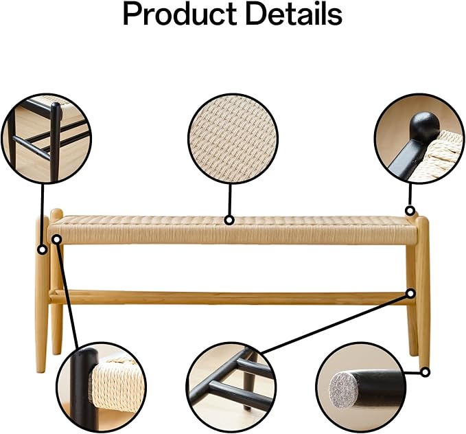 Solid Wood Entryway Bench with Shoe Storage, Rustic Oak and Woven Design 45 Inch Long Seating for Living and Dining Rooms, Natural
