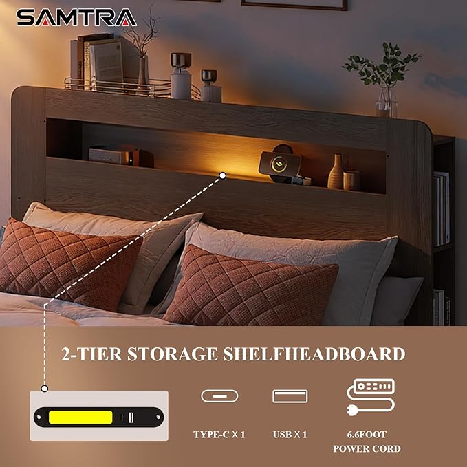 Wooden Bed Frame Queen Size with Storage Headboard - Farmhouse Platform Bed Frame with Bookcase Shelf & Led Lights, Sturdy Wood Slat Framework Bed Frame (Light Brown LED)