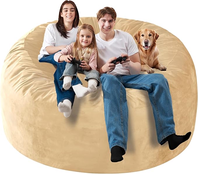 Homguava 6FT Bean Bag Chair Giant BeanBag with Memory Foam Filled, Large Bean Bag Chairs for Adults, Adult Bean Bag Chair with Dutch Velvet Cover for Living Room Bedroom-Khaki