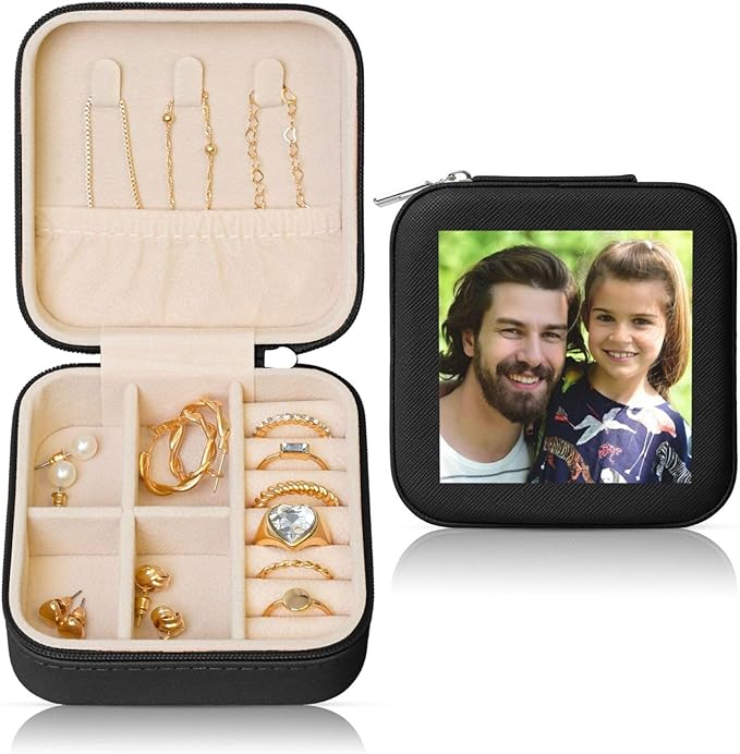 Personalized Jewelry Box Gifts for Women - Custom Jewelry Organizer with Image Text Logo - Customized Travel Leather Jewelry Case for Mom Wife Wedding Girls