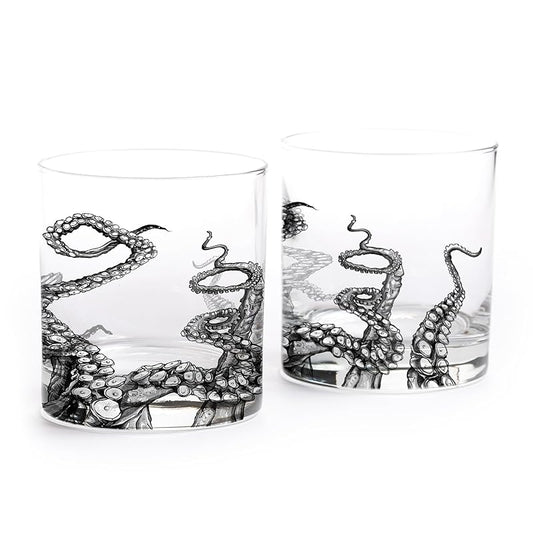Octopus Tentacle Whiskey Glasses - Set of Two 11oz. Old Fashioned Glasses with Gift Box