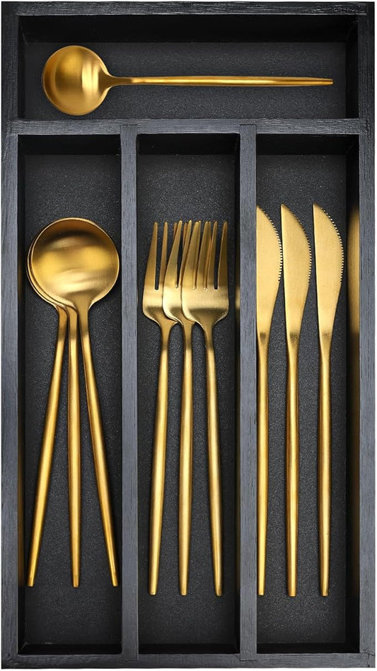 Ayiaren Small Wooden Silverware Organizer Tray Narrow Kitchen Drawer Dividers Utensil Organizers and Storage Black Cutlery Trays Spoon Flatware Organizer for Drawer Bamboo Cutlery Utensil Holder Tray