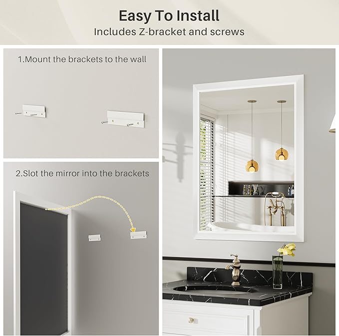 22x30 Inch White Bathroom Mirror for Wall, Thick Metal Framed Rectangle Mirrors for Over Sink, Bedroom, Living Room, Entryway, Anti-Rust, HD Tempered Glass