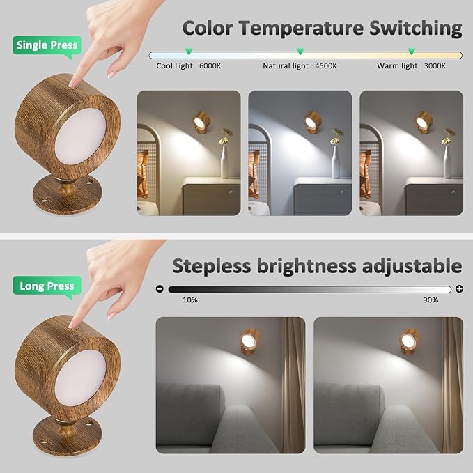 Lightbiz LED Wall Lights, Wall Sconces 3 Pcs with Remote Rechargeable Battery Operated, 3 Color Temperatures & Dimmable Wall Lamp Magnetic 360° Rotation Wireless Light for Bedroom Living Room