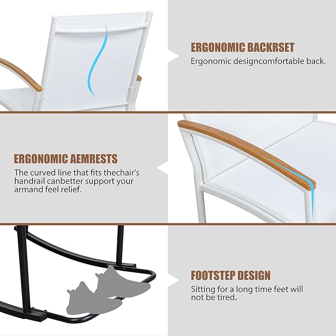 Shintenchi 3 Piece Outdoor Rocking Bistro Set, Textilene Fabric Small Patio Furniture Set, Front Porch Rocker Chairs Conversation Set with Table for Lawn, Garden, Balcony, Poolside (White)