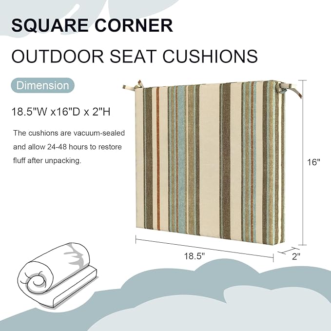 Set of 4 Outdoor Square Chair Cushions 18.5"x16"x2" for Patio, Water Resistant Patio Dining Seat Pads Replacement for Kitchen Garden and Outdoor Furniture Decoration - Stripe Onyx