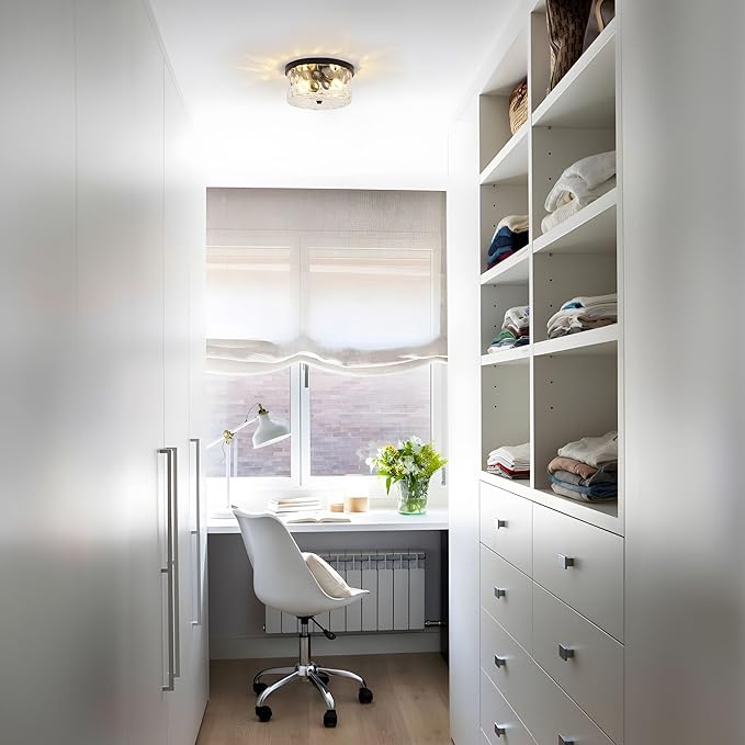 LamQee 9.8" Small Flush Mount Ceiling Light With Clear Hammered Glass, Black Hallway Light Fixtures Ceiling Mount for Bathroom, 2-Lights Farmhouse Close To Ceiling Light Kitchen Foyer Entryway Bedroom