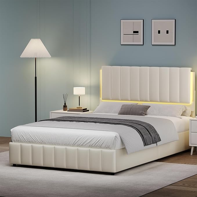 Queen Bed Frame with LED Lights and Headboard, Modern Upholstered Faux Leather Platform Bed with Wooden Slats Support, No Box Spring Needed, Easy Assembly, Cream