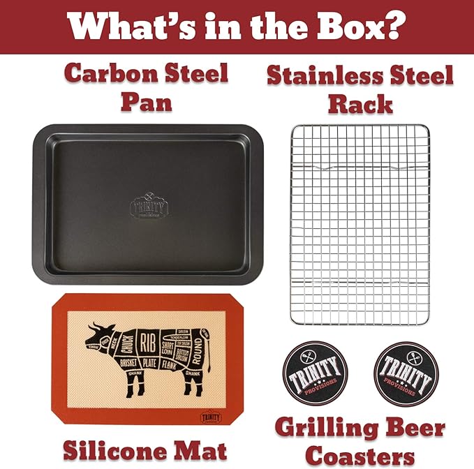Trinity Provisions Meat Resting Pan - With Wire Rack and Silicone Baking Mat - Dishwasher and Oven Safe Stainless Steel, for Cooking and Cooling Steak, BBQ, Bacon, & More